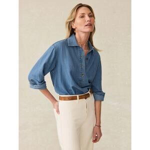Faherty S Linen Denim Oceanview Blouse Top Coastal Cloud Wash Chambray Popover